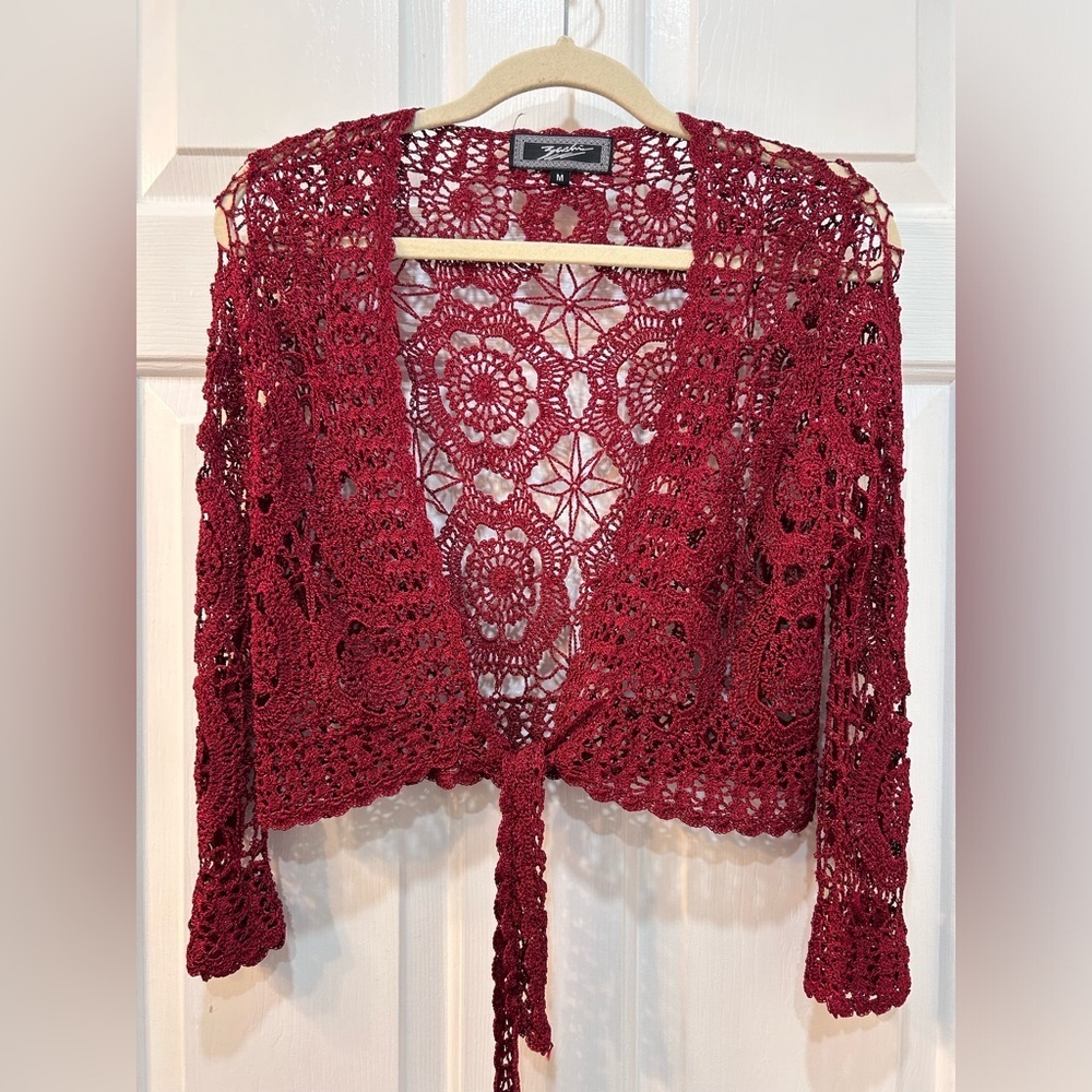 Zashi Cropped Crochet Cardigan Women Size M Front Tie Festive Holiday 90's Y2K